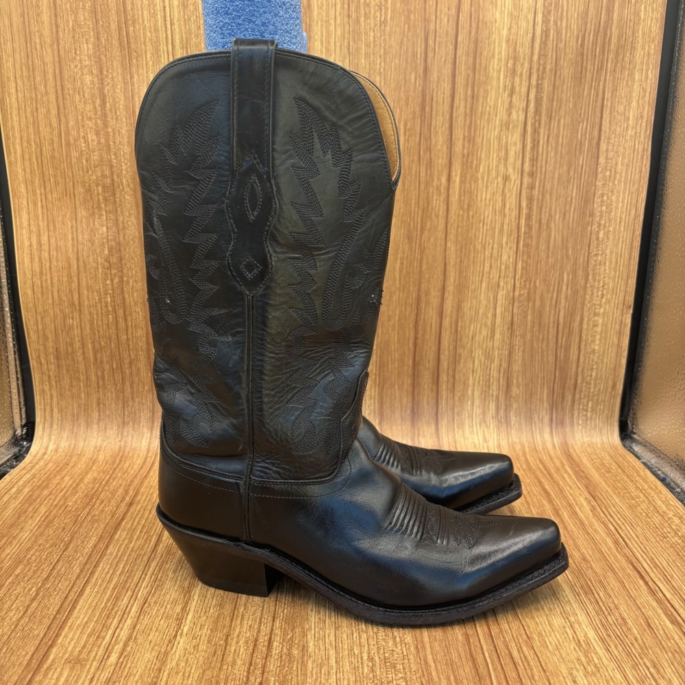 Old West Cowboy Boots Womens 7 Black Leather Pointed Toe Western LF1510